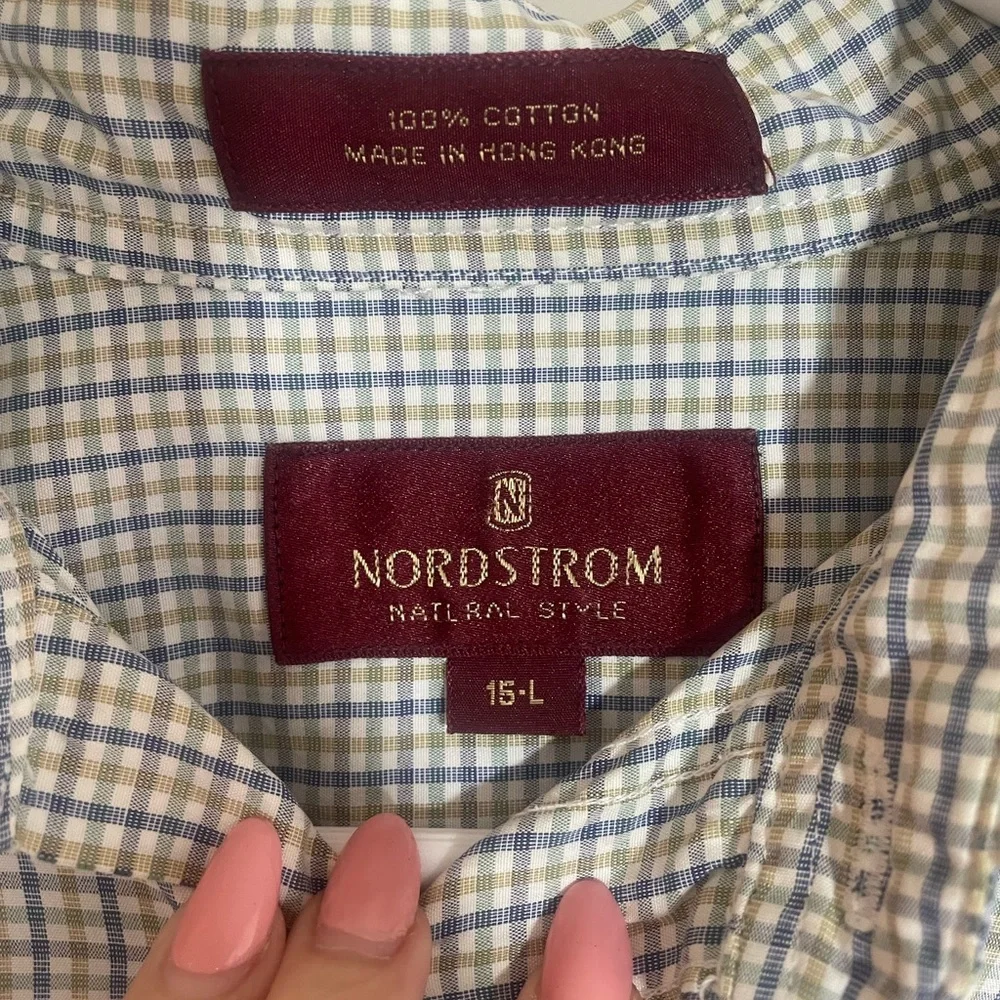 Nordstrom Men’s Button Down White, Blue & Green Shirt Size L 15 Neck - Picture 3 of 4